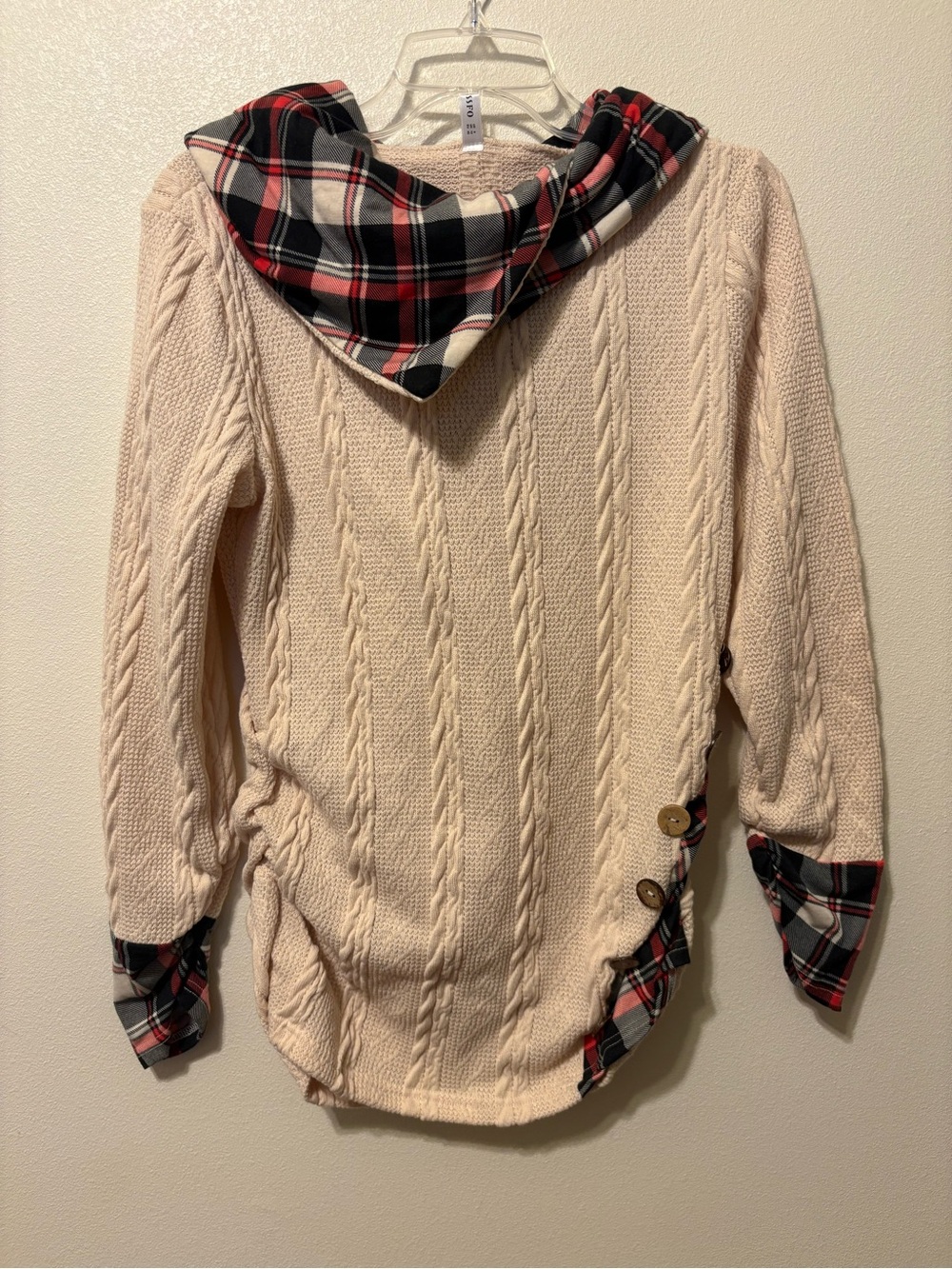 Cable-Knit Cowl Sweater with Plaid Trim - Cream